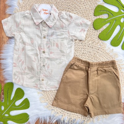 Conj. Camisa Plantas e Bermuda em Sarja - Areia e Marrom